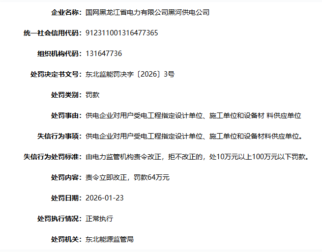 违规指定用户受电工程相关单元，国网黑河供电公司被罚64万元 ...