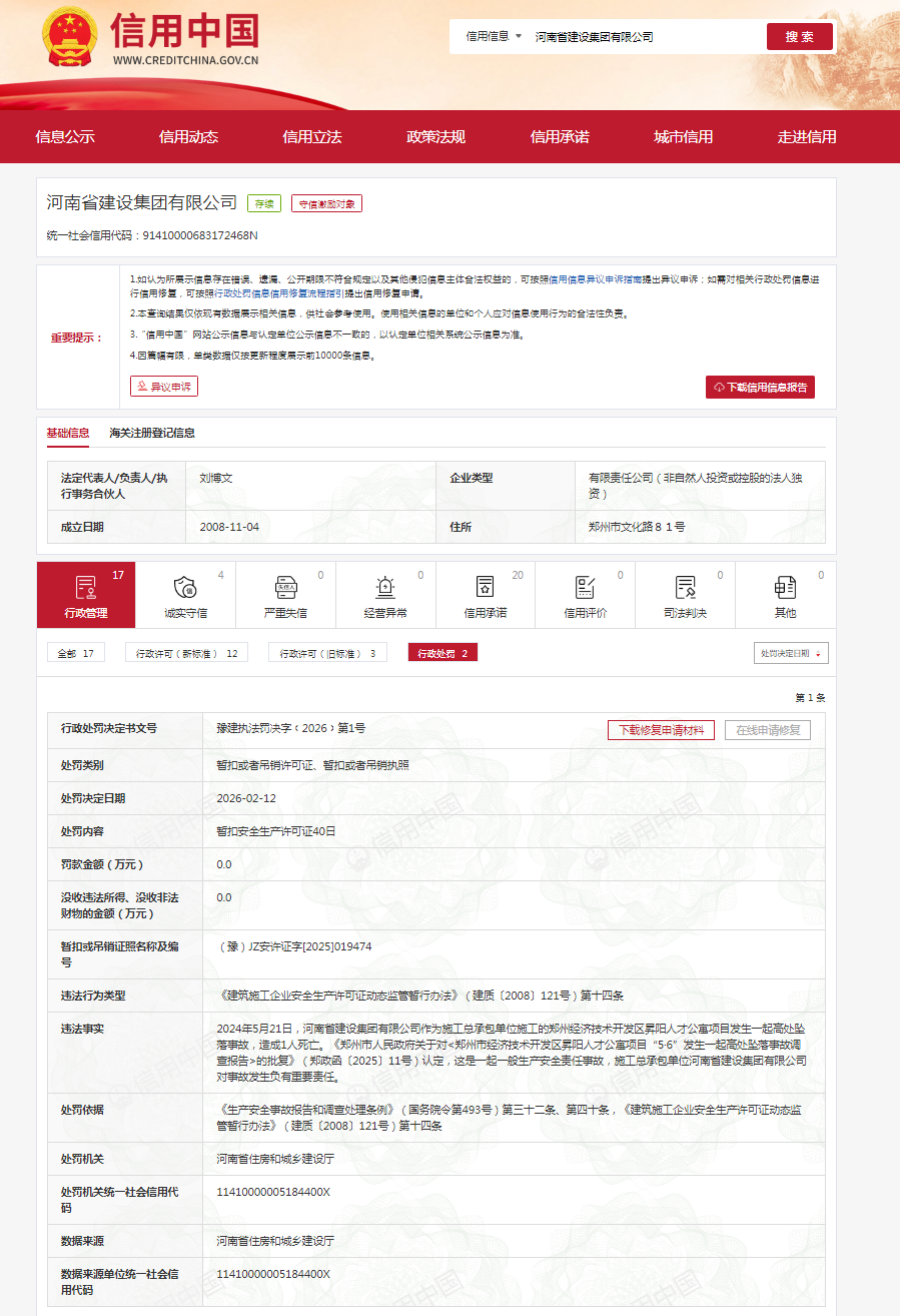 高坠事故致1死，河南省扶植团体被暂扣保险平安生产许可证40日
