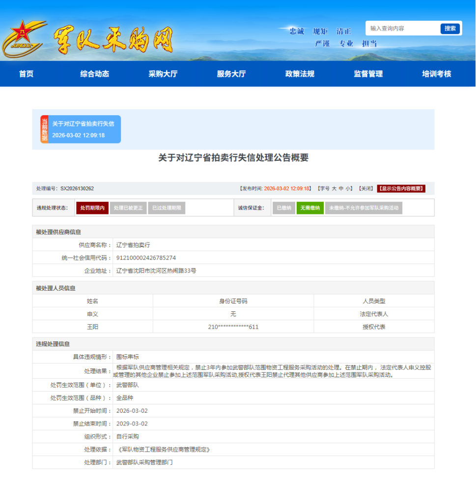 因围标串标，辽宁省拍卖行被罚三年内克制参与武警队伍军采 ...
